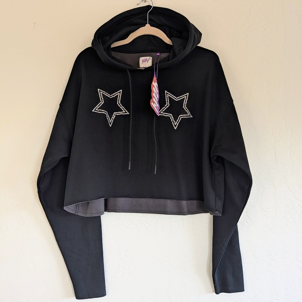 NWT YITTY Black Cropped Hoodie with Rhinestone Star Details Athlesiure Cozy Core